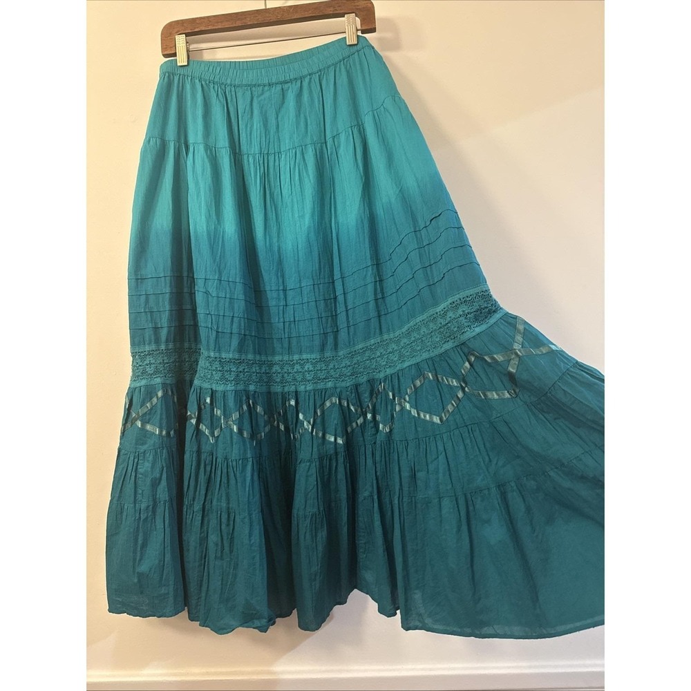 VTG First Issue Liz Claiborne Teal Tiered Maxi Skirt Large Cotton Cottagecore